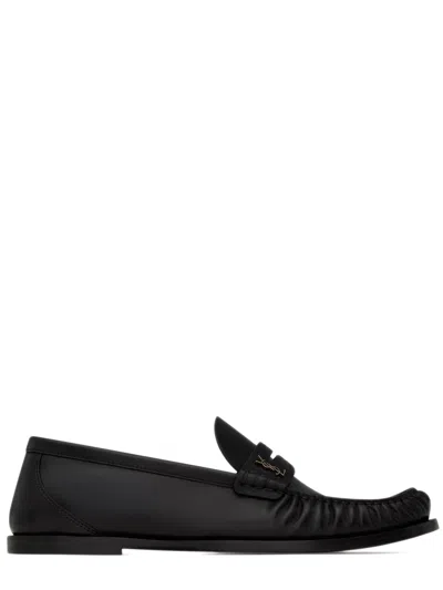 Saint Laurent Hand-stitched Squared Moc Toe Leather Loafer With 0.5 Cm Leather Sole Heel In Black