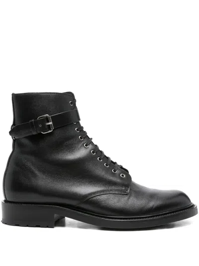 Pre-owned Saint Laurent Hanot Lace-up Buckle Boots In Black