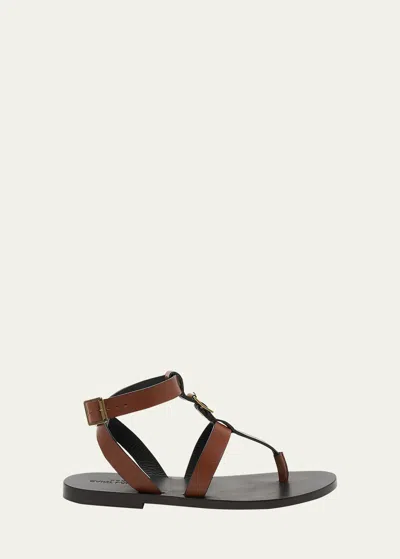 Saint Laurent Hardy Leather Ankle-strap Thong Sandals In Bruciato