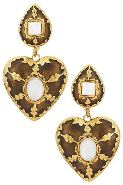 Saint Laurent Harlequin Cabochons Heart Drop Earrings In Gold