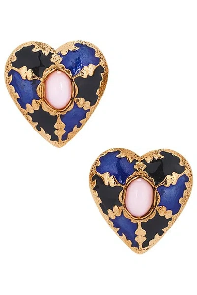 Saint Laurent Harlequin Cabochons Heart Earrings In Black Blue  Pink  & Or 3n Patine