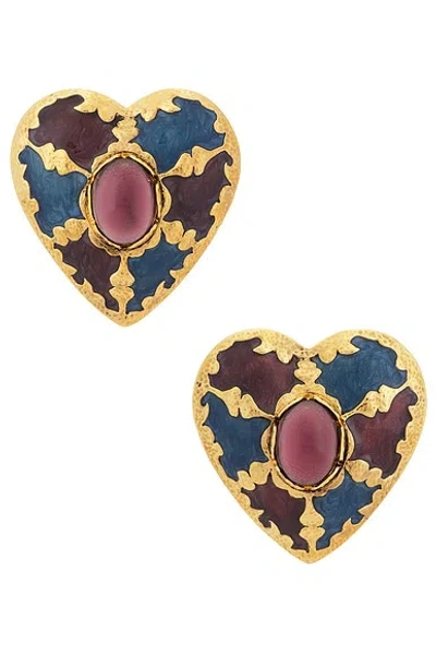Saint Laurent Harlequin Cabochons Heart Earrings In Gold
