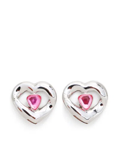 Pre-owned Saint Laurent Heart Rhinestone Clip-on Earrings In Silver