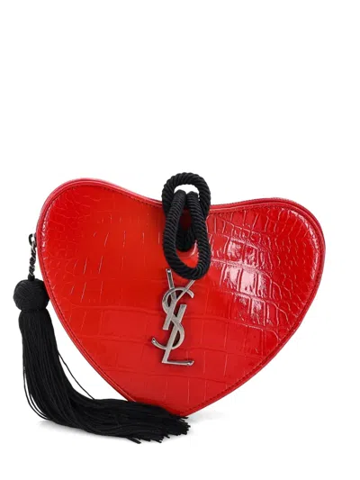 Pre-owned Saint Laurent Heart Tassel Crocodile Embossed Patent Clutch Bag In Red