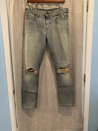 Pre-owned Saint Laurent Hedi Lightwashed Distressed Selvedge Surf Denim G-eazy In Blue