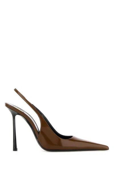 Saint Laurent Vendome 100 Patent Leather Slingback Pumps In Brown