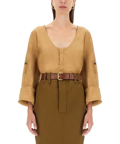 Saint Laurent Henley Blouse In Sand