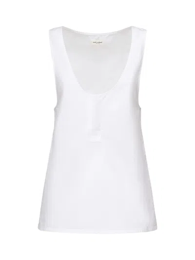 Saint Laurent White Sleeveless Satin-finish Silk Top In Beige