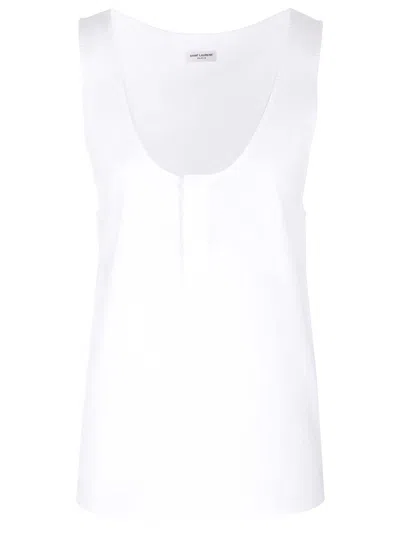 Saint Laurent White Sleeveless Satin-finish Silk Top In Beige