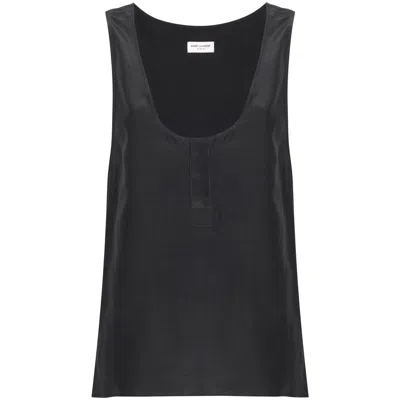 Saint Laurent Henley-neck Silk Tank Top In Black