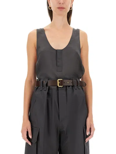 Saint Laurent Henley-neck Silk Tank Top In Gray