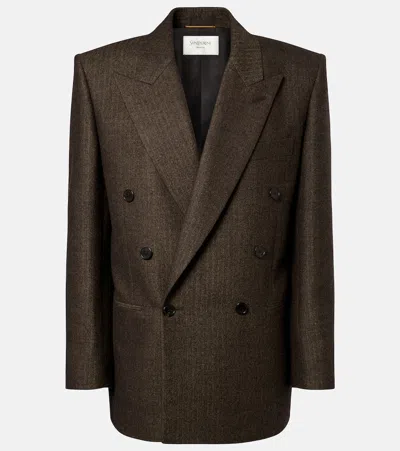 Saint Laurent Herringbone Double-breasted Wool Blazer In Brown