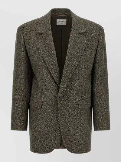 Saint Laurent Herringbone Single-breasted Coat In Brown
