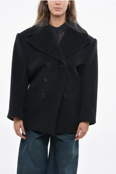 Saint Laurent Herringbone Wool Double Breasted Coat In Blue