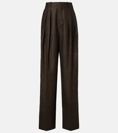 Saint Laurent Herringbone Wool Wide-leg Pants In Brown