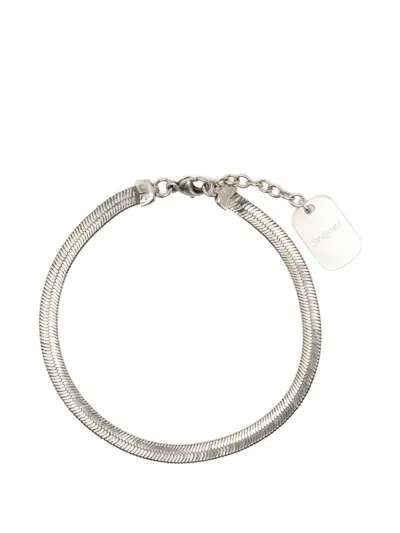 Saint Laurent Herringbone-chain Logo-plaque Bracelet In Silver