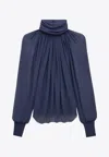 Saint Laurent Turtleneck Blouse In Silk Muslin In Blue
