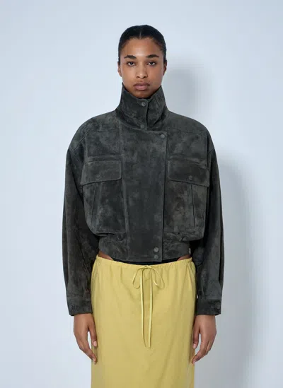 Saint Laurent High Collar Suede Jacket In Gray