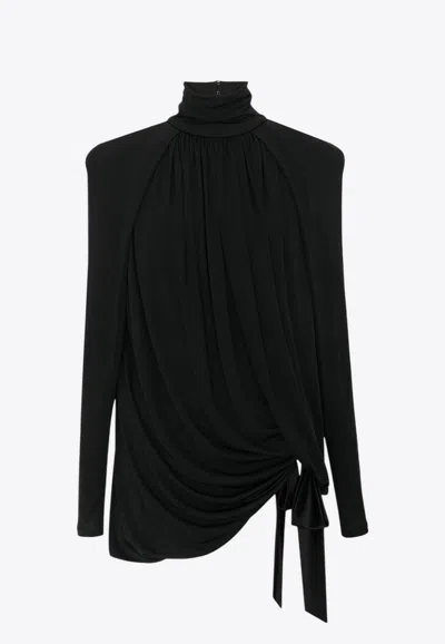 Saint Laurent High-neck Draped Mini Dress In Black