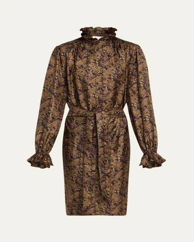 SAINT LAURENT HIGH-NECK PAISLEY-PRINT SILK BELTED DRESS