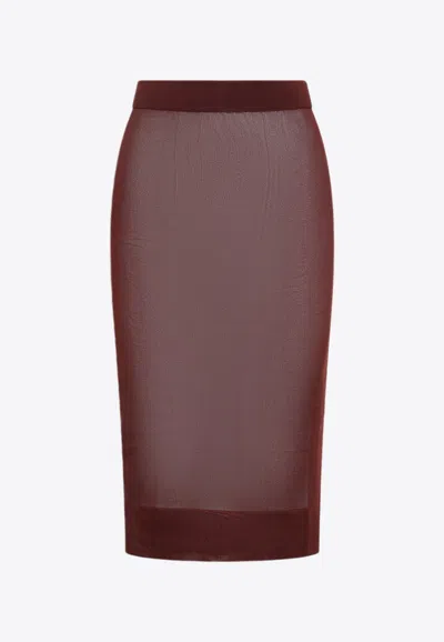 Saint Laurent Transparent Sheath Midi Skirt In Red
