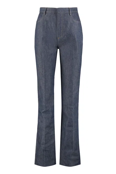Saint Laurent High-rise Straight Leg Jeans With Contrast Stitching And 100% Cotton Fabric For Women In Blue