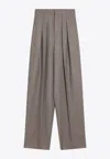 Saint Laurent Wide Taupe Beige Wool Trousers Women In Gray
