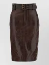 Saint Laurent High Waist Knee Length Leather Skirt Belt In Brown
