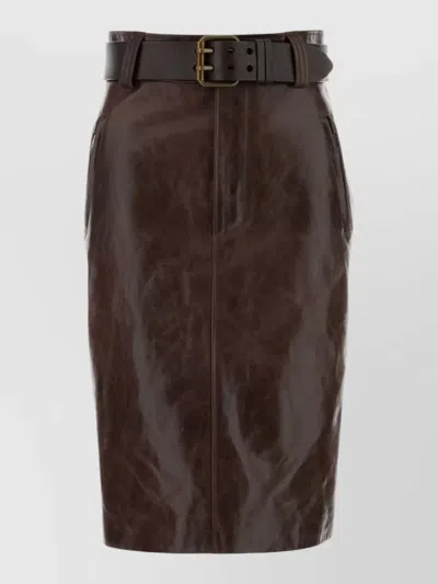 Saint Laurent High Waist Knee Length Leather Skirt Belt In Brown
