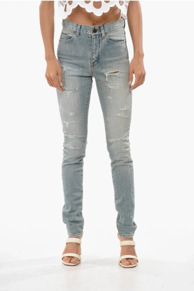 Saint Laurent High Waist Slim Fit Distressed Jeans 14cm In Blue