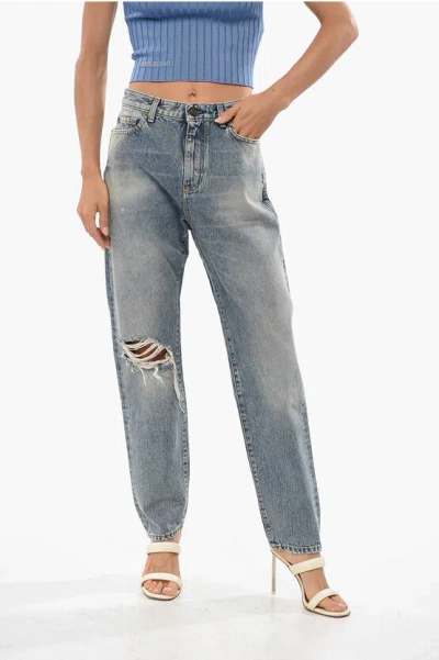 Saint Laurent High Waist Slim Fit Distressed Jeans 16cm In Blue
