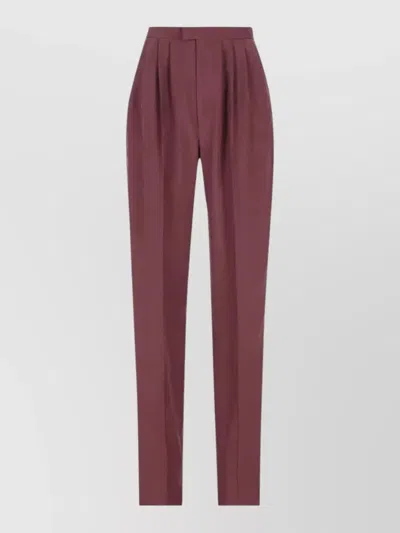Saint Laurent High Waist Tailored Silk Habotai Trousers In Burgundy