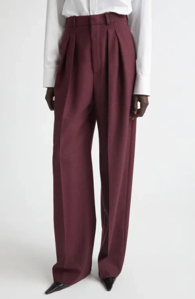 Saint Laurent High Waist Wool Straight Leg Pants In Brown
