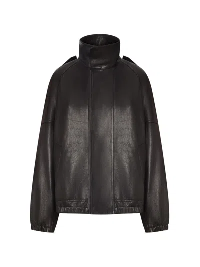 Saint Laurent High-neck Oversized Leather Jacket In Black