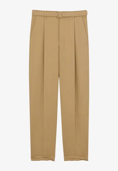 Saint Laurent High-waisted Tailored Trousers With Belt In Beige Wool In Brown