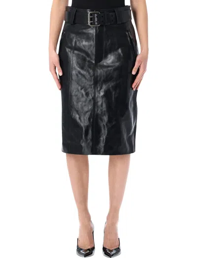Saint Laurent High-waisted Leather Pencil Skirt With Statement Belt - Size 38 In Black