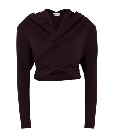 Saint Laurent Hooded Cross-over Wool Top In Black