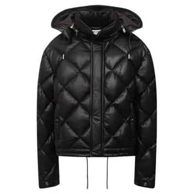 Pre-owned Saint Laurent Hooded Lambskin Leather Down Jacket Sz 40 In Black