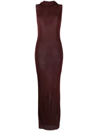 Saint Laurent Maroon Halter Neck Long Dress In Bordeaux