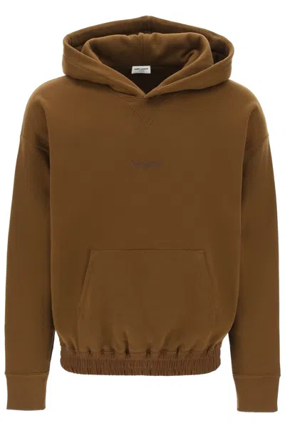 Saint Laurent Hooded Sweatshirt With Embroidery In Brown