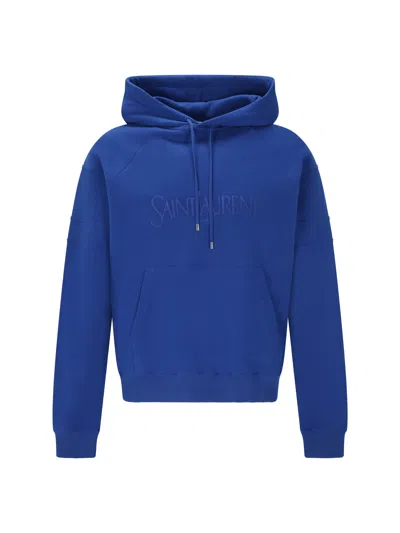 Saint Laurent Logo-embroidered Hooded Cotton Sweatshirt In Blue