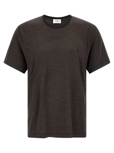 Saint Laurent Horizontal-striped Wool T-shirt In Brown