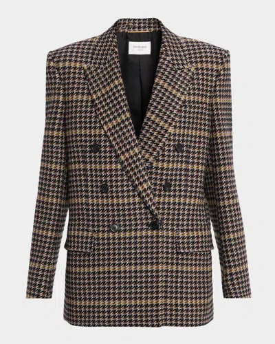 Saint Laurent Brown Double-breasted Jacket With Notched Revers And All-over Check Motif In Wool Woman
