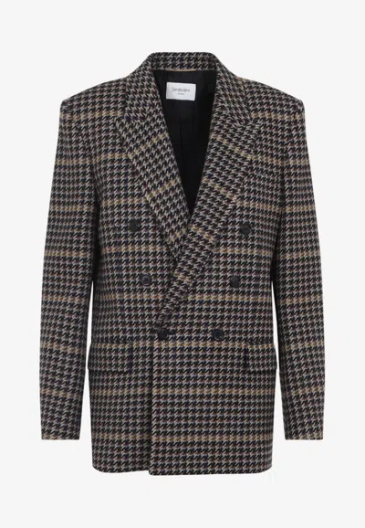 Saint Laurent Houndstooth Double-breasted Blazer In Multi