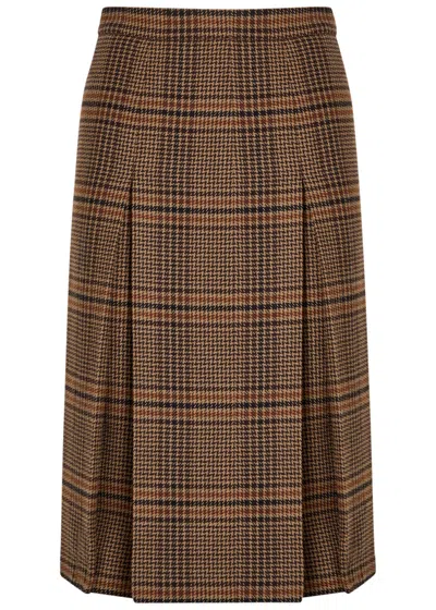 Saint Laurent Houndstooth Inverted-pleat Wool Midi Skirt In Brown