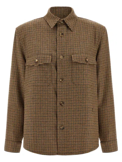 Saint Laurent Long Sleeve Checkered Overshirt Chest Pockets In Brown
