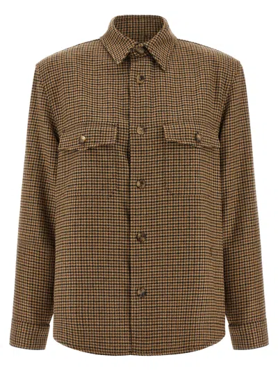 Saint Laurent Long Sleeve Checkered Overshirt Chest Pockets In Brown