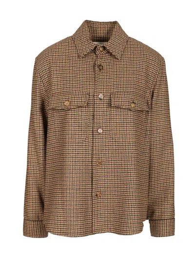Saint Laurent Long Sleeve Checkered Overshirt Chest Pockets In Brown