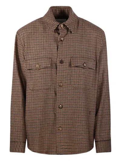 Saint Laurent Long Sleeve Checkered Overshirt Chest Pockets In Brown