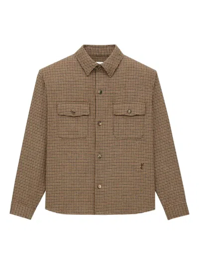 Saint Laurent Long Sleeve Checkered Overshirt Chest Pockets In Brown